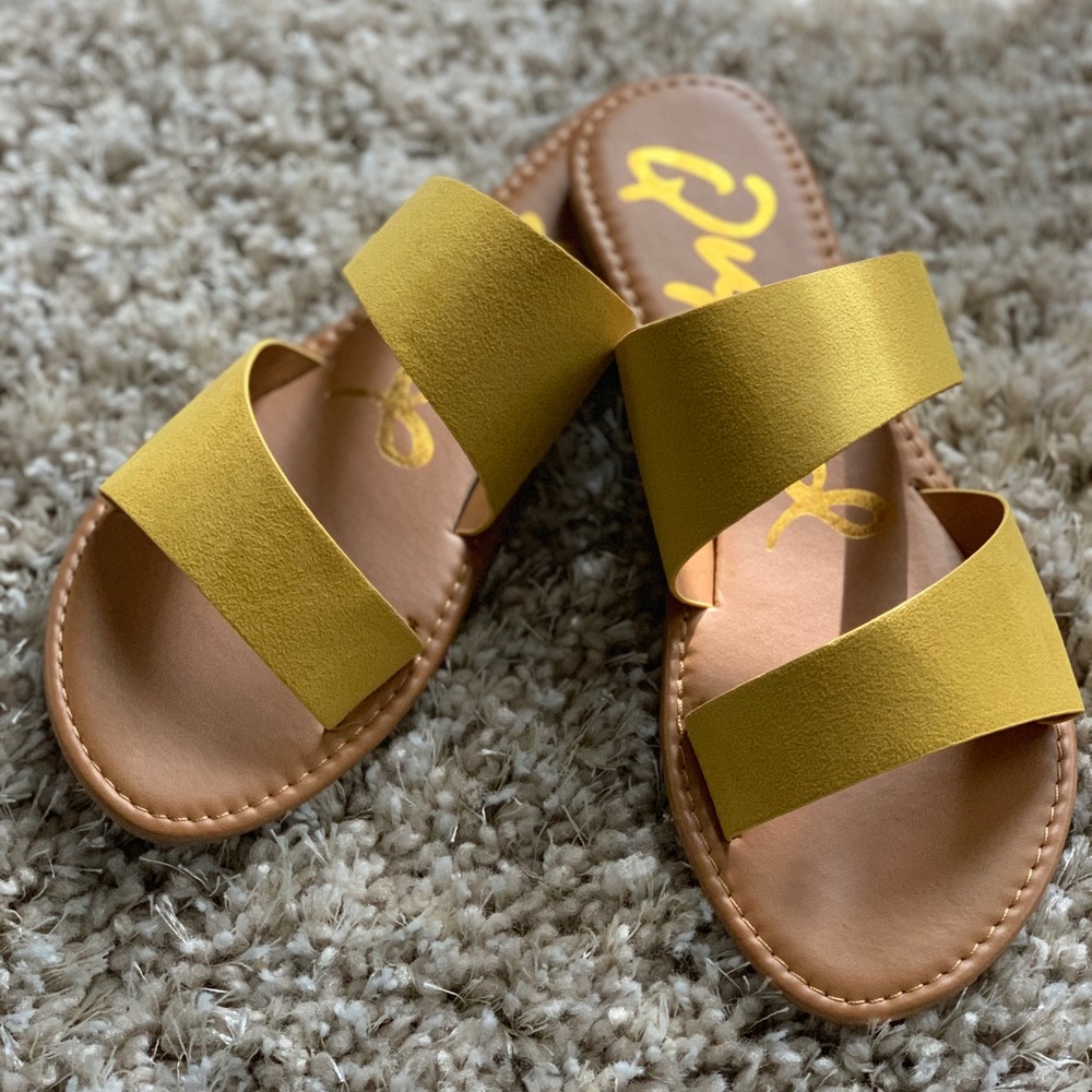 Athena Yellow Suede 2 Band Asymmetrical Sandal